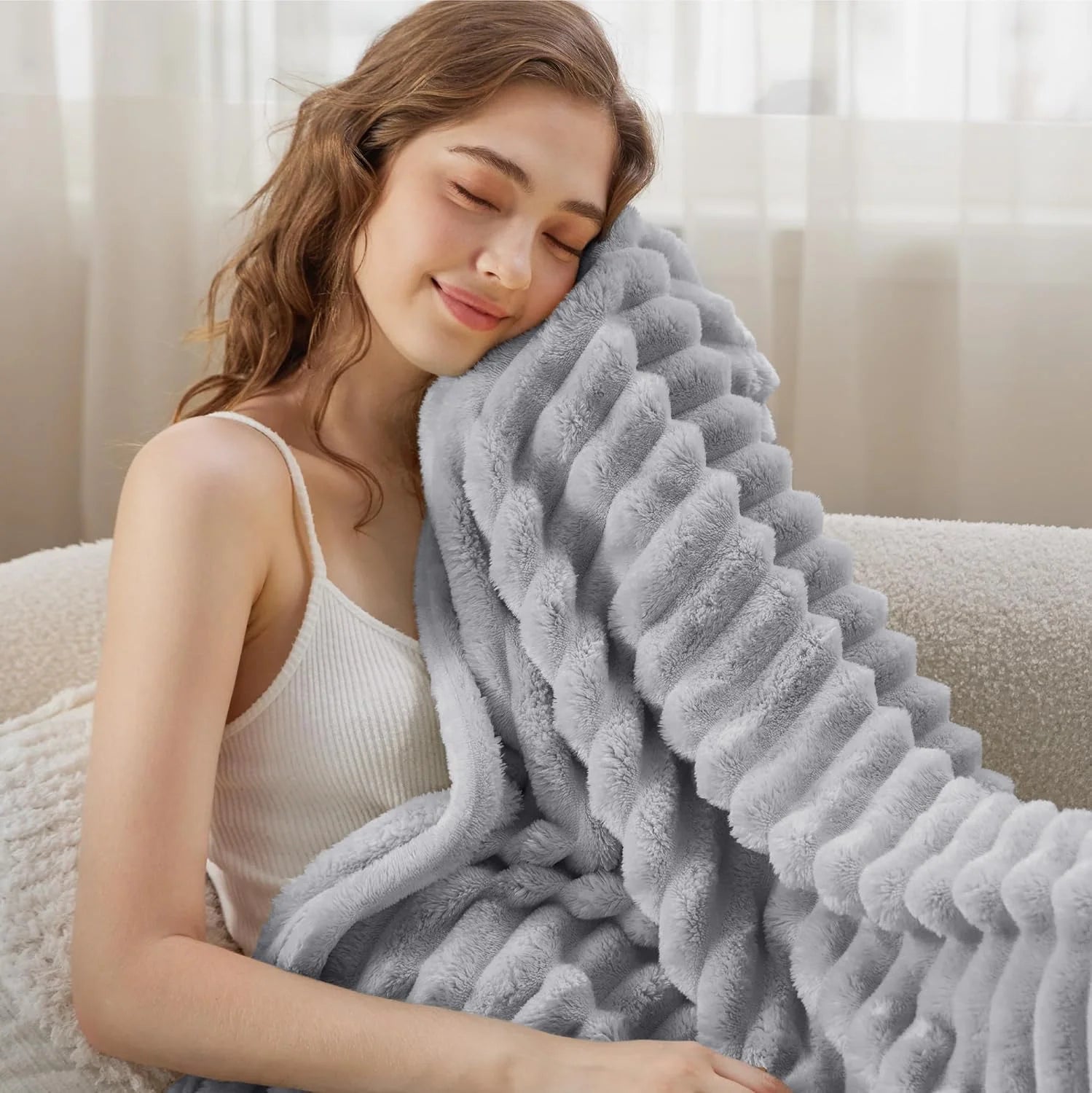 Soft & Doux Faux Fur Rabbit Stripped Blanket, Warm, Thick for Bed, Sofa, Dormitory and Office, Versatile Use and Durable