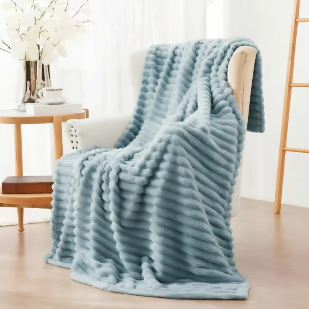 Soft & Doux Faux Fur Rabbit Stripped Blanket, Warm, Thick for Bed, Sofa, Dormitory and Office, Versatile Use and Durable