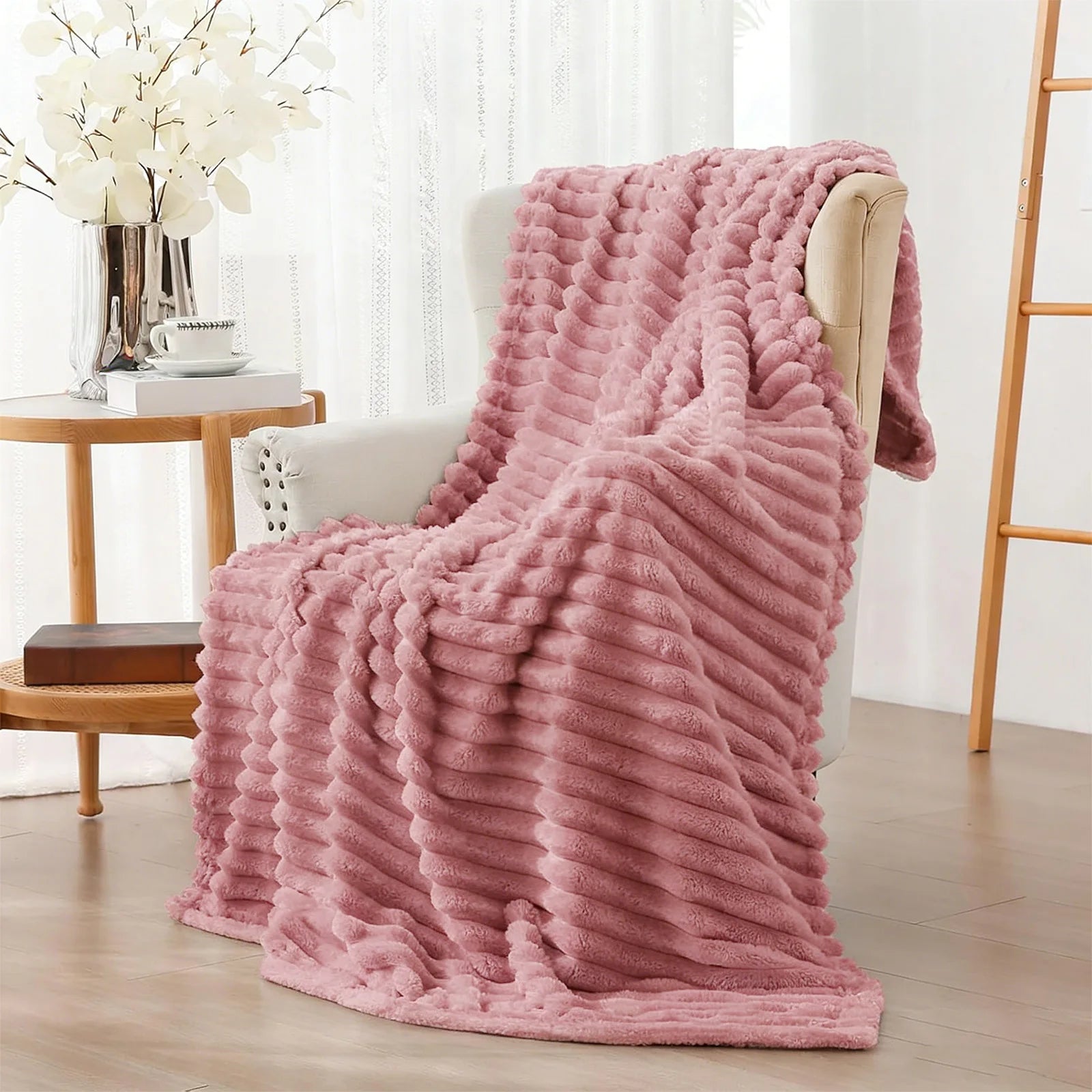 Soft & Doux Faux Fur Rabbit Stripped Blanket, Warm, Thick for Bed, Sofa, Dormitory and Office, Versatile Use and Durable