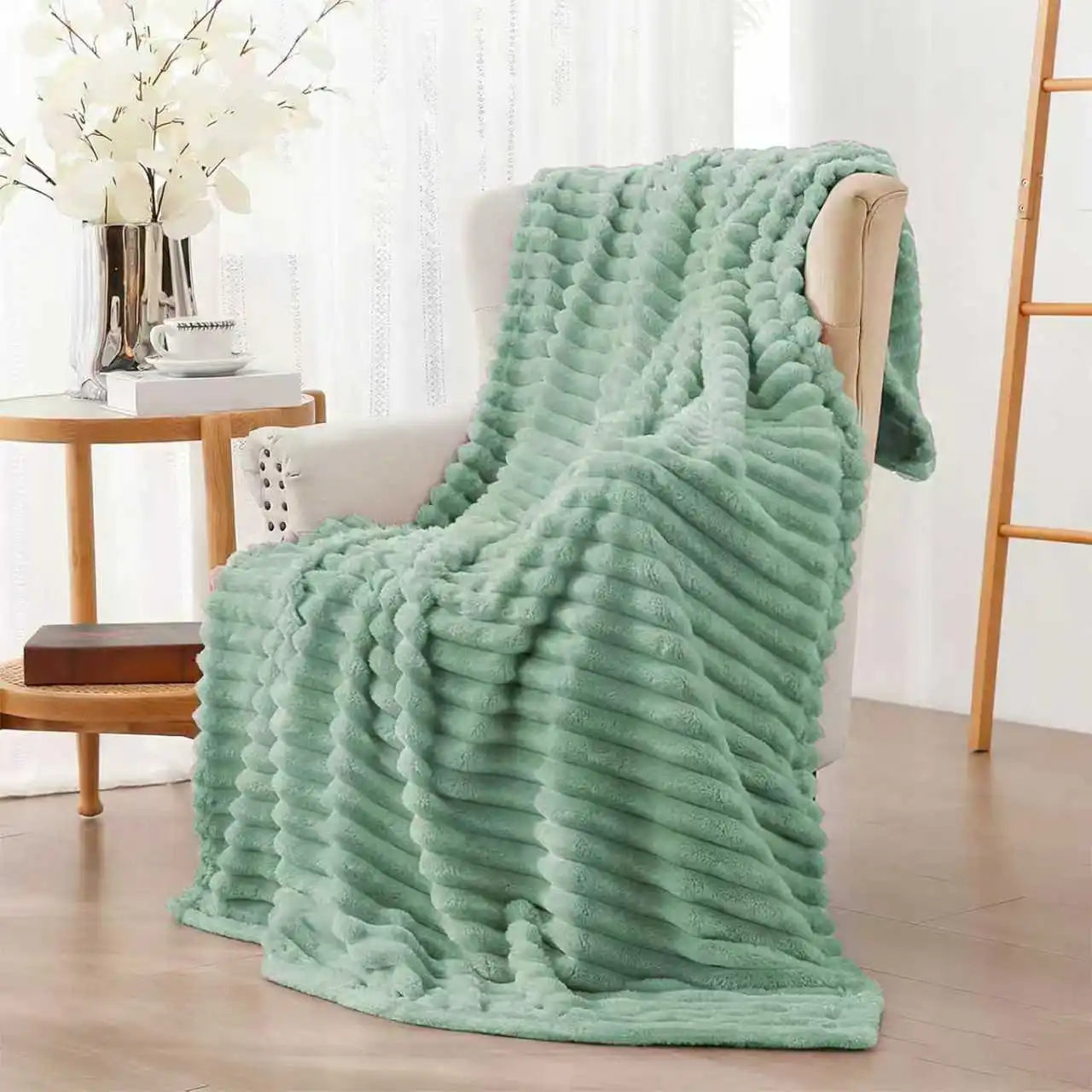 Soft & Doux Faux Fur Rabbit Stripped Blanket, Warm, Thick for Bed, Sofa, Dormitory and Office, Versatile Use and Durable