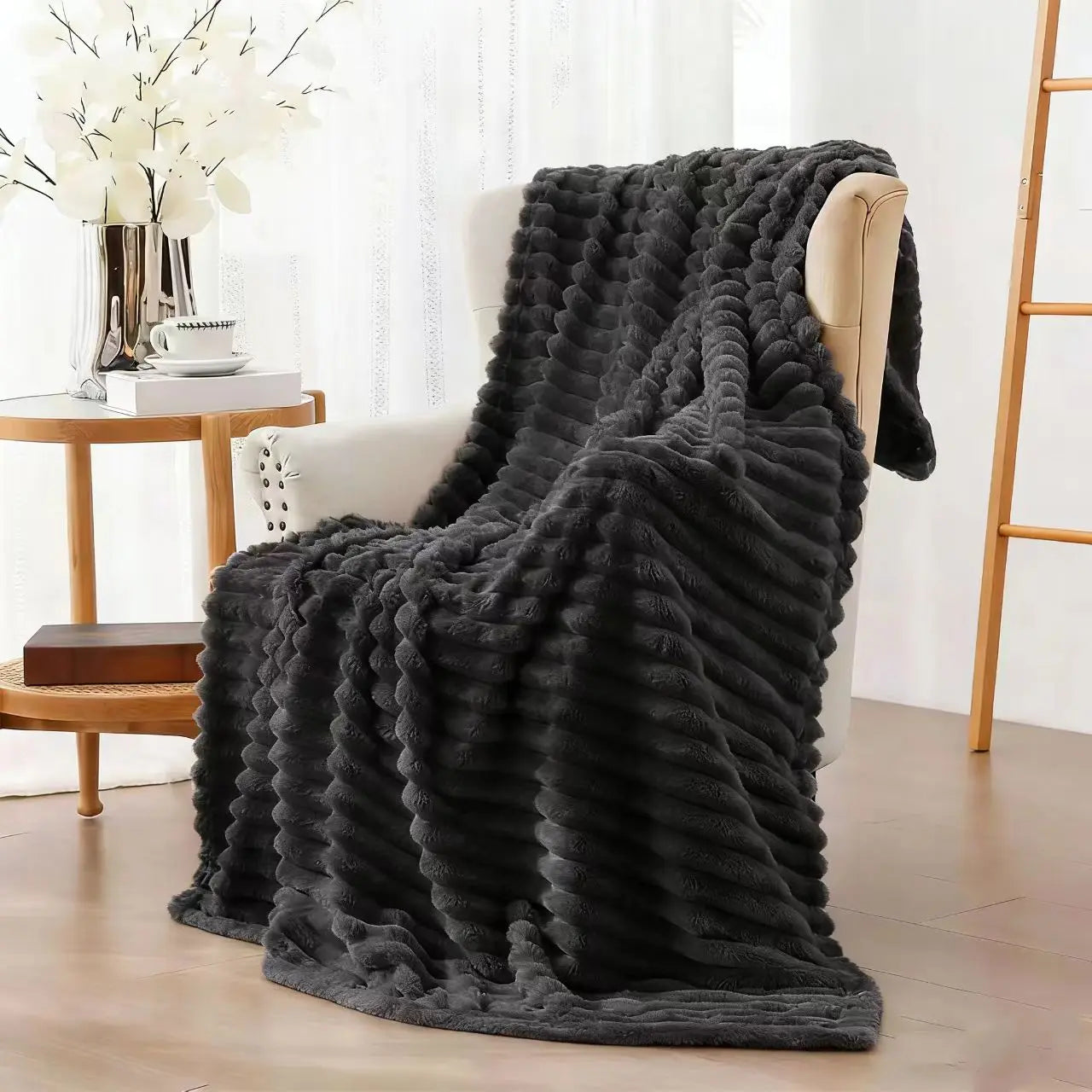 Soft & Doux Faux Fur Rabbit Stripped Blanket, Warm, Thick for Bed, Sofa, Dormitory and Office, Versatile Use and Durable