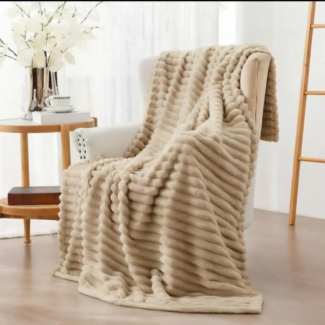 Soft & Doux Faux Fur Rabbit Stripped Blanket, Warm, Thick for Bed, Sofa, Dormitory and Office, Versatile Use and Durable