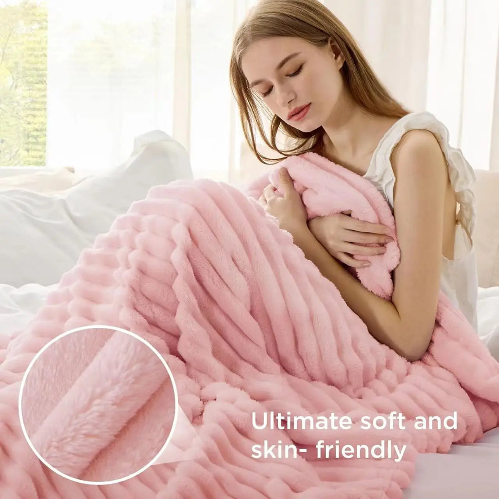 Soft & Doux Faux Fur Rabbit Stripped Blanket, Warm, Thick for Bed, Sofa, Dormitory and Office, Versatile Use and Durable