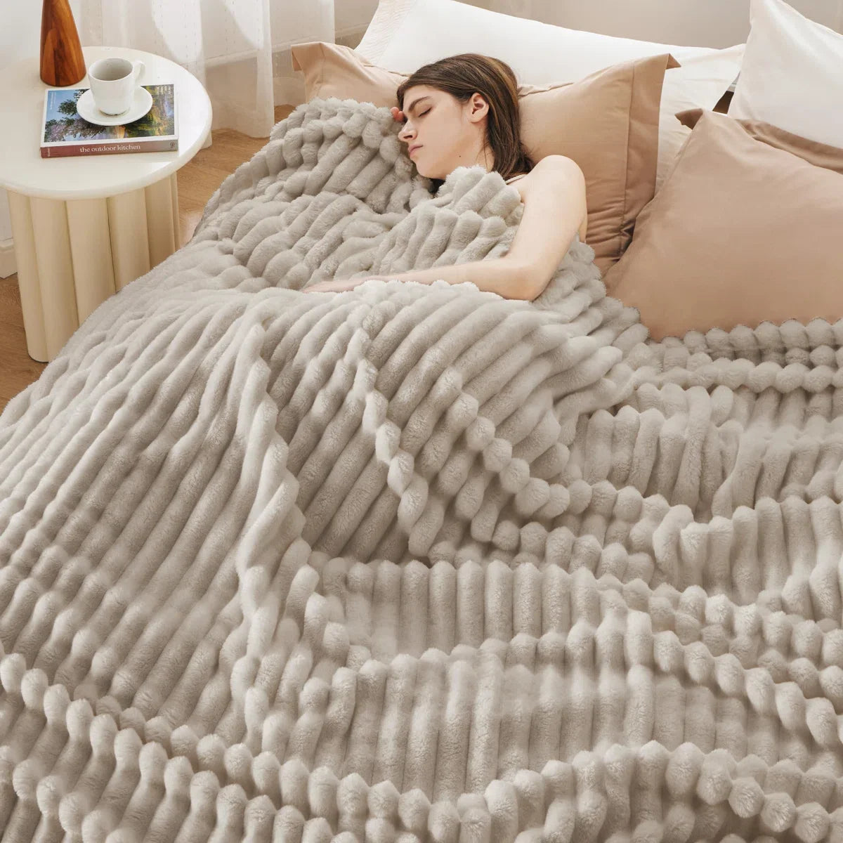 Soft & Doux Faux Fur Rabbit Stripped Blanket, Warm, Thick for Bed, Sofa, Dormitory and Office, Versatile Use and Durable