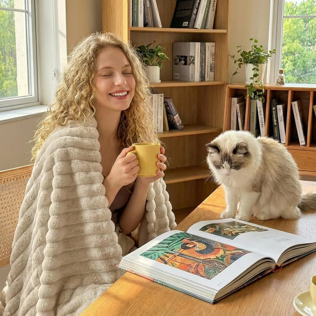 Soft & Doux Faux Fur Rabbit Stripped Blanket, Warm, Thick for Bed, Sofa, Dormitory and Office, Versatile Use and Durable