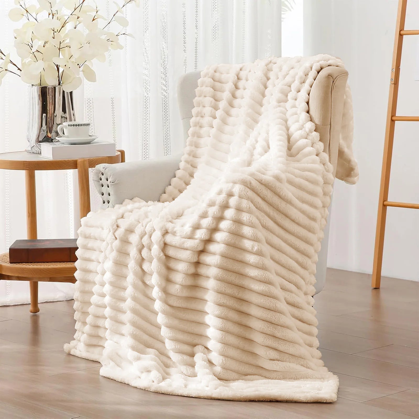 Soft & Doux Faux Fur Rabbit Stripped Blanket, Warm, Thick for Bed, Sofa, Dormitory and Office, Versatile Use and Durable