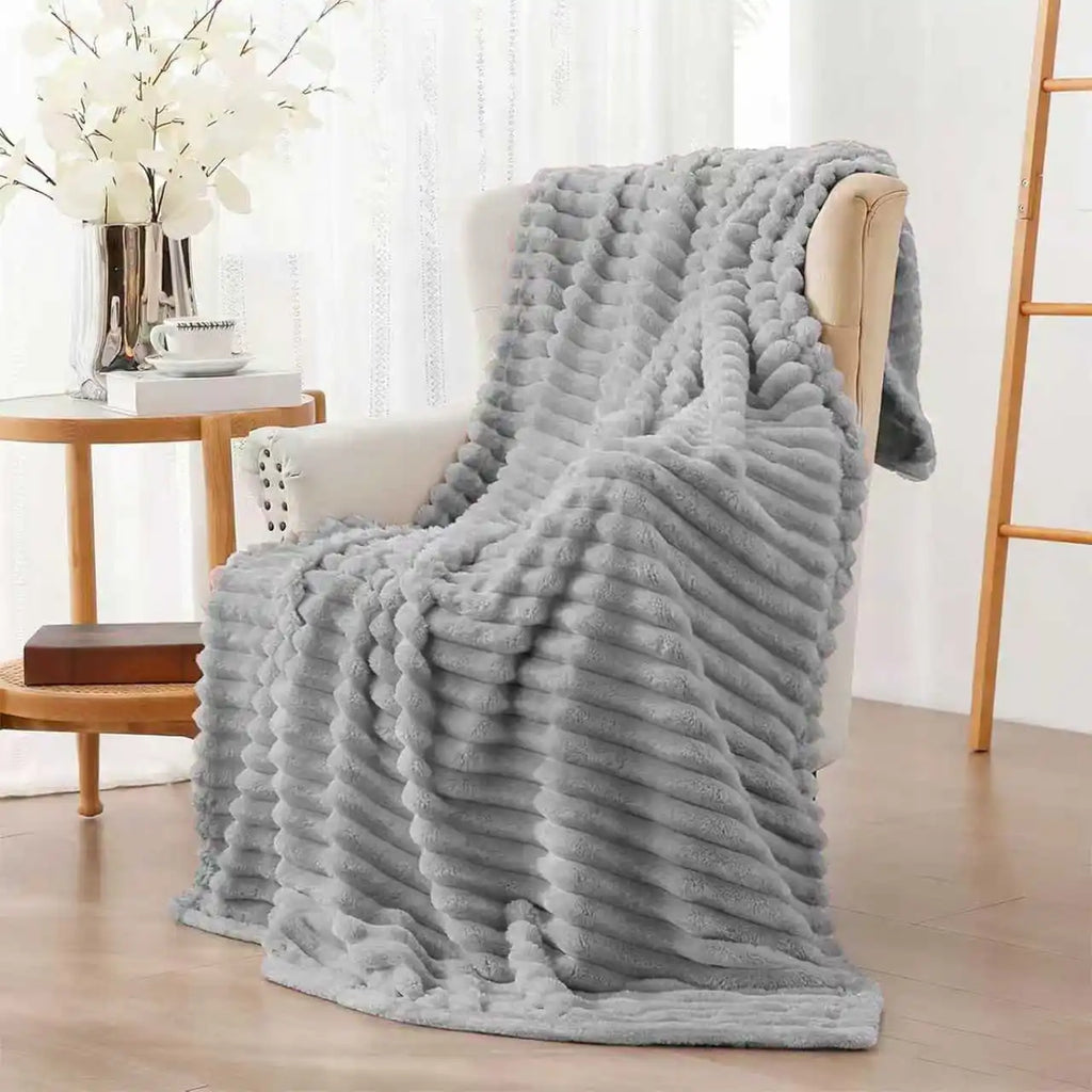 Soft & Doux Faux Fur Rabbit Stripped Blanket, Warm, Thick for Bed, Sofa, Dormitory and Office, Versatile Use and Durable