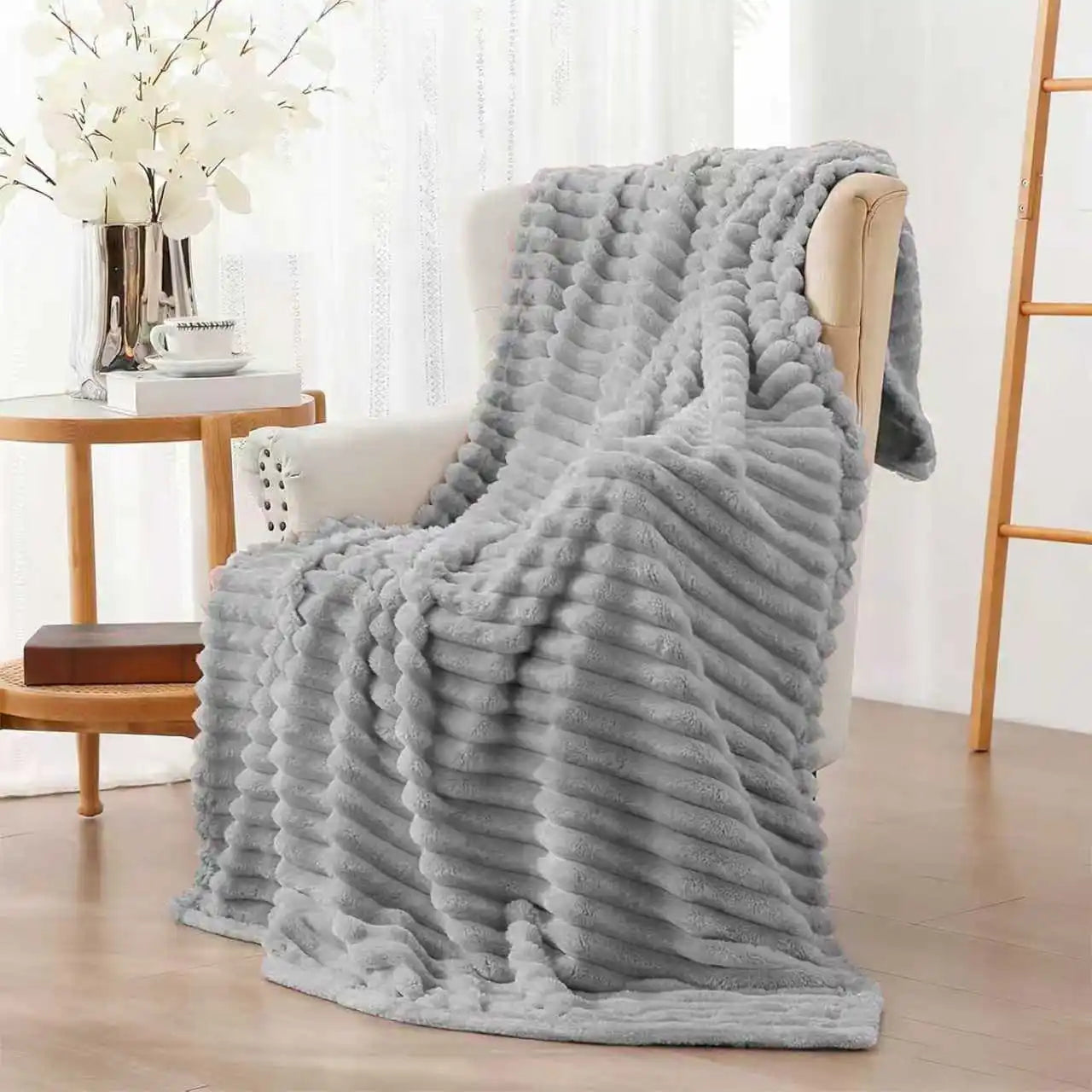 Soft & Doux Faux Fur Rabbit Stripped Blanket, Warm, Thick for Bed, Sofa, Dormitory and Office, Versatile Use and Durable