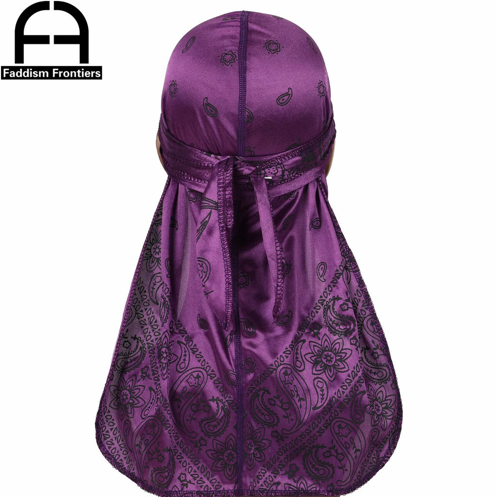 Fashion Men Silk Durags Paisley Design Printing Silky Durags Long Straps Headwear Head Scarf Wave Cap Headwrap Durags