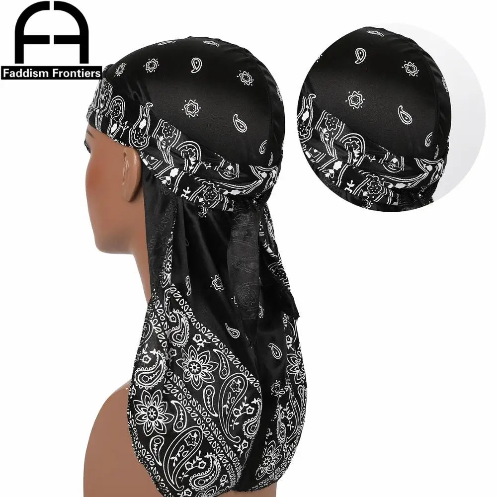Fashion Men Silk Durags Paisley Design Printing Silky Durags Long Straps Headwear Head Scarf Wave Cap Headwrap Durags