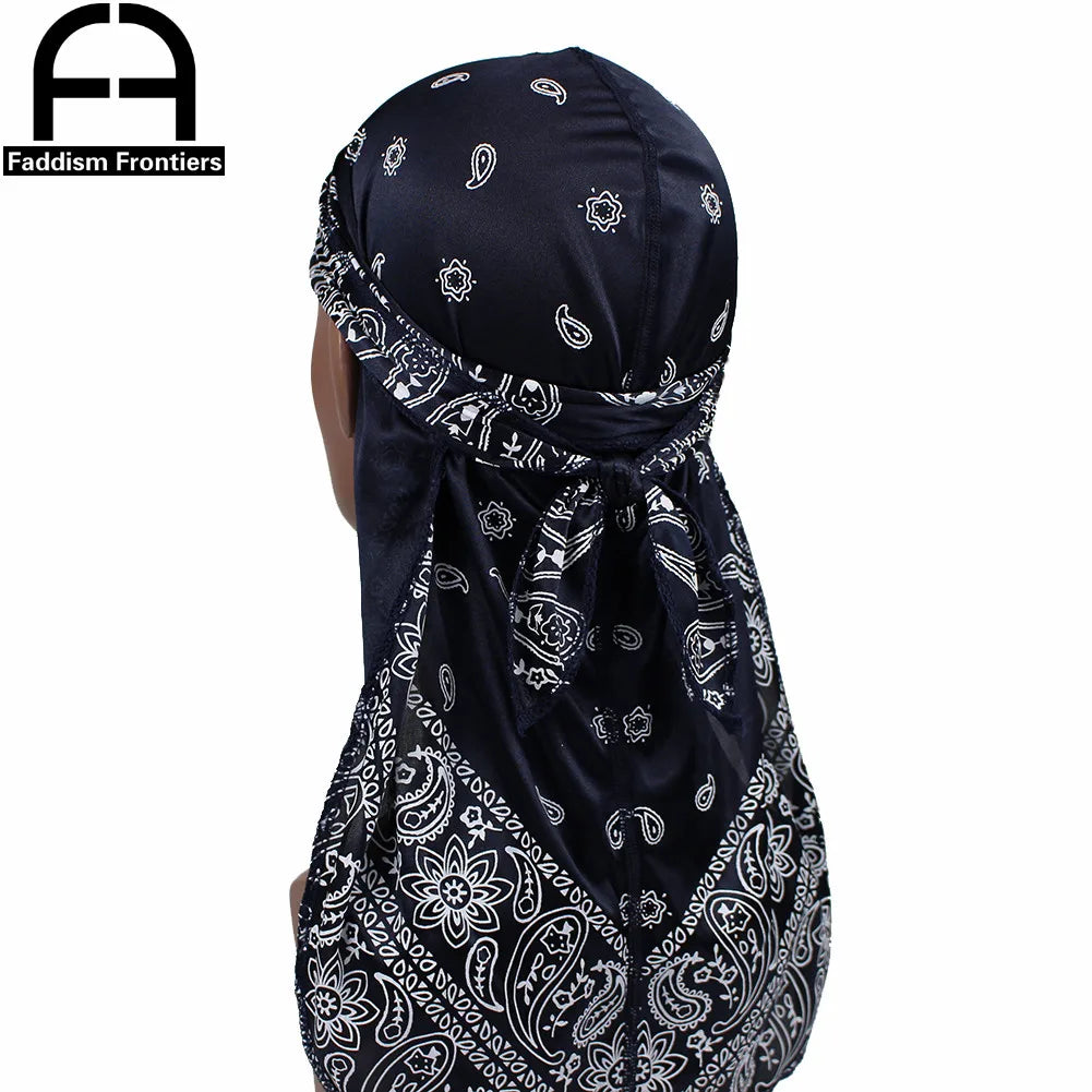 Fashion Men Silk Durags Paisley Design Printing Silky Durags Long Straps Headwear Head Scarf Wave Cap Headwrap Durags