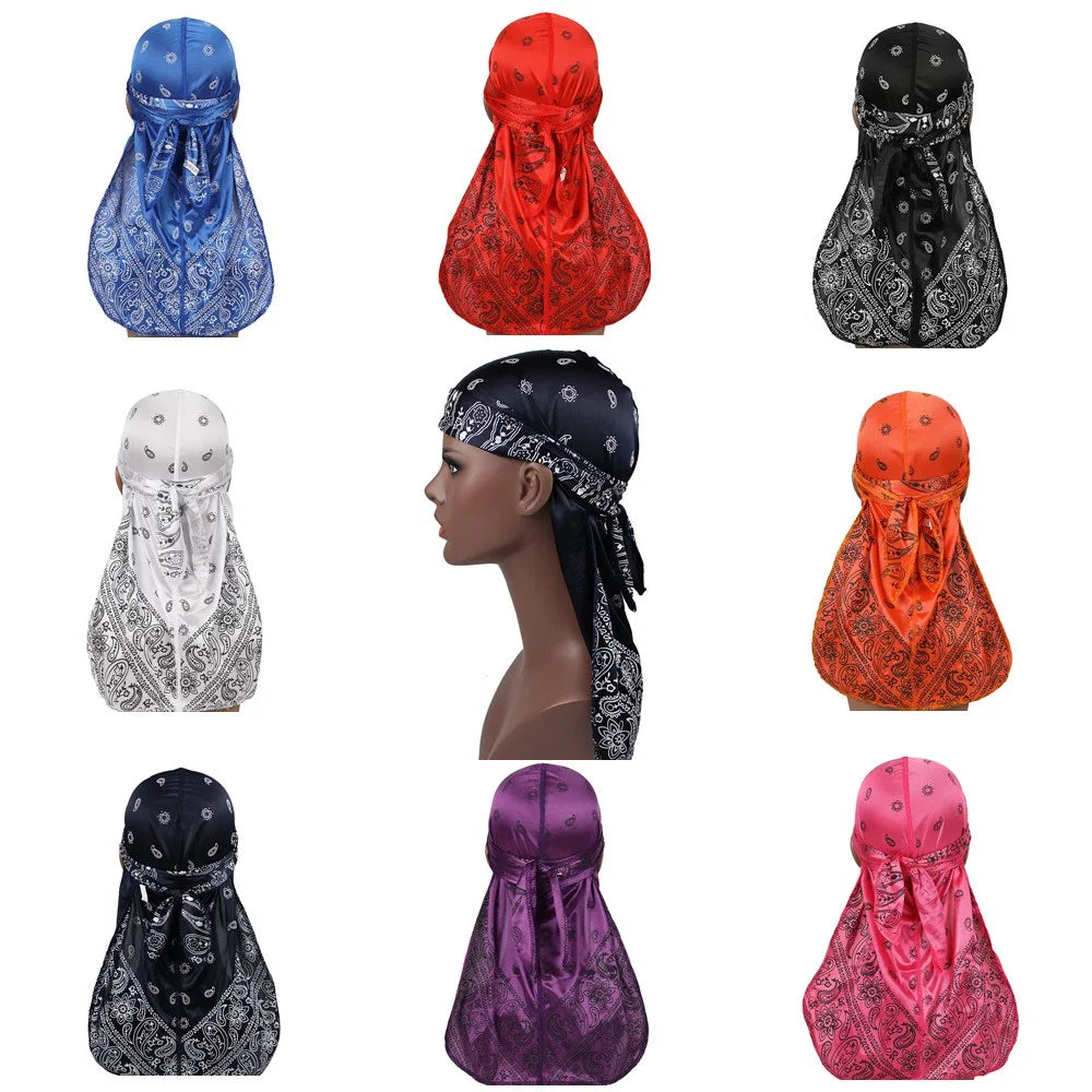 Fashion Men Silk Durags Paisley Design Printing Silky Durags Long Straps Headwear Head Scarf Wave Cap Headwrap Durags