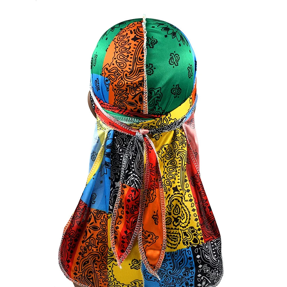 Fashion Men Silk Durags Paisley Design Printing Silky Durags Long Straps Headwear Head Scarf Wave Cap Headwrap Durags