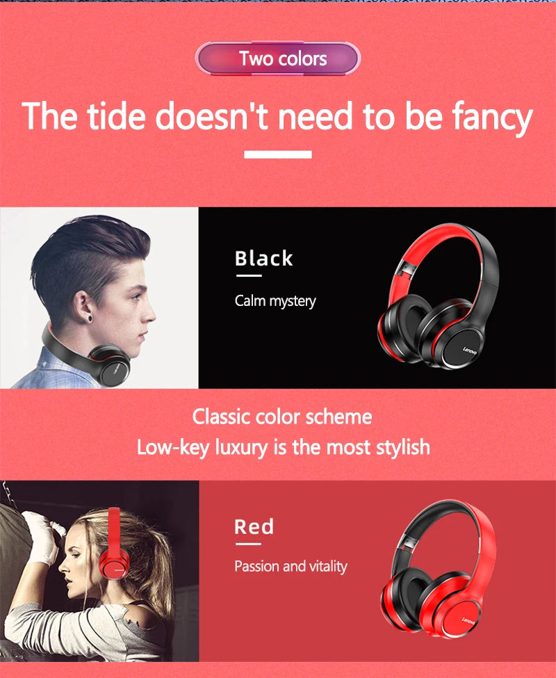 Dual Lenovo HD200 Bluetooth Earphones Over-ear Foldable Computer Wireless Headphones Noise Cancellation HIFI Stereo Gaming Headset