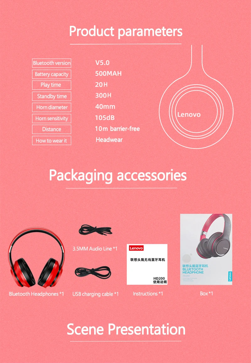 Dual Lenovo HD200 Bluetooth Earphones Over-ear Foldable Computer Wireless Headphones Noise Cancellation HIFI Stereo Gaming Headset
