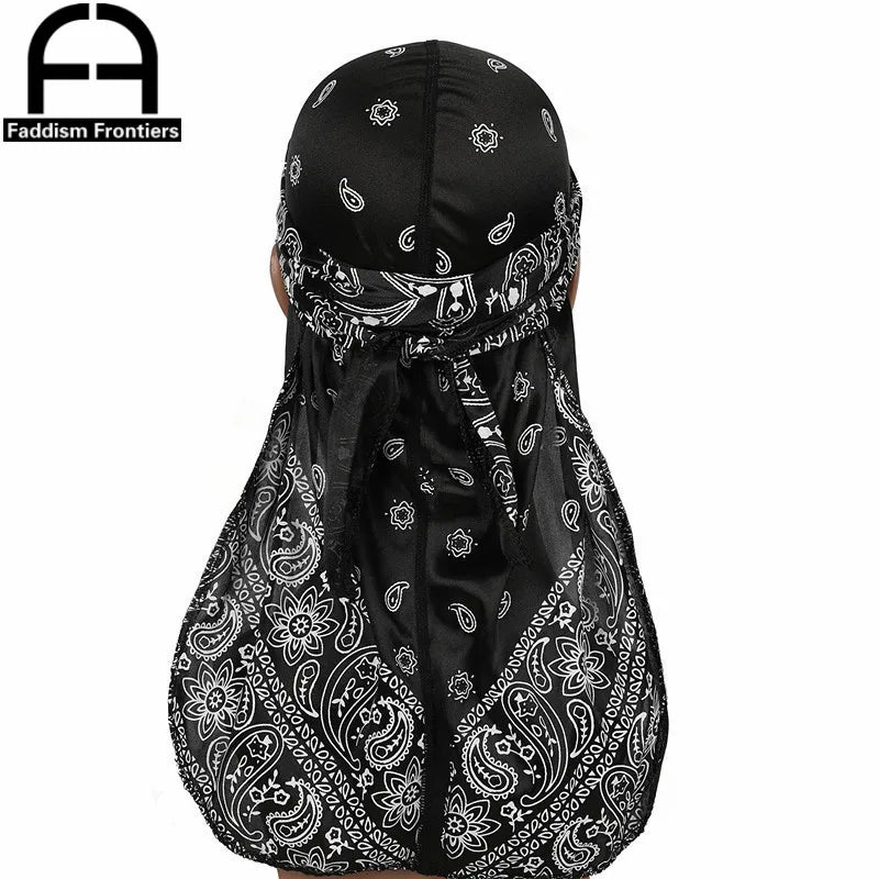 Fashion Men Silk Durags Paisley Design Printing Silky Durags Long Straps Headwear Head Scarf Wave Cap Headwrap Durags
