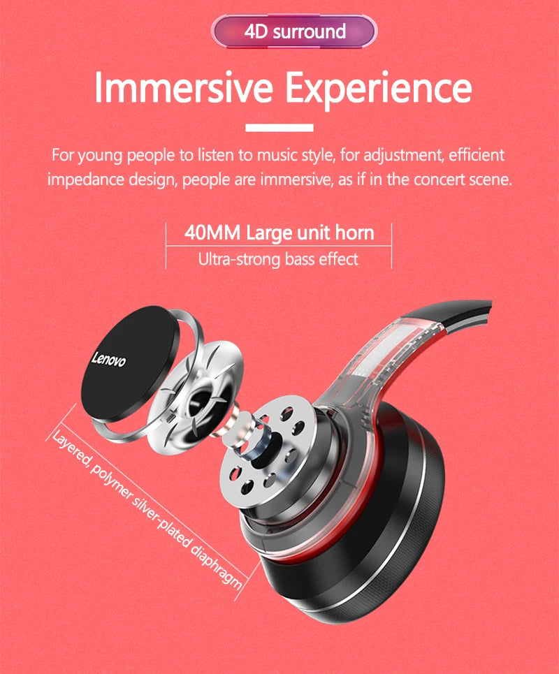 Dual Lenovo HD200 Bluetooth Earphones Over-ear Foldable Computer Wireless Headphones Noise Cancellation HIFI Stereo Gaming Headset