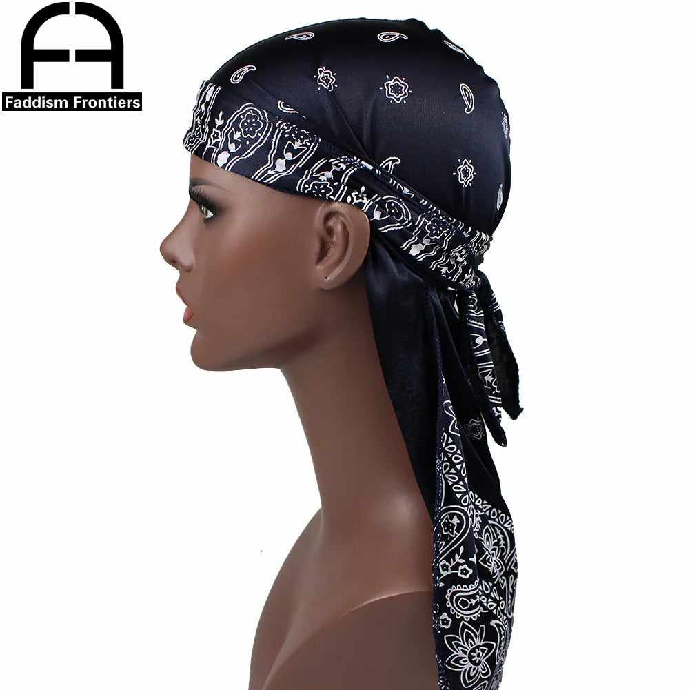 Fashion Men Silk Durags Paisley Design Printing Silky Durags Long Straps Headwear Head Scarf Wave Cap Headwrap Durags