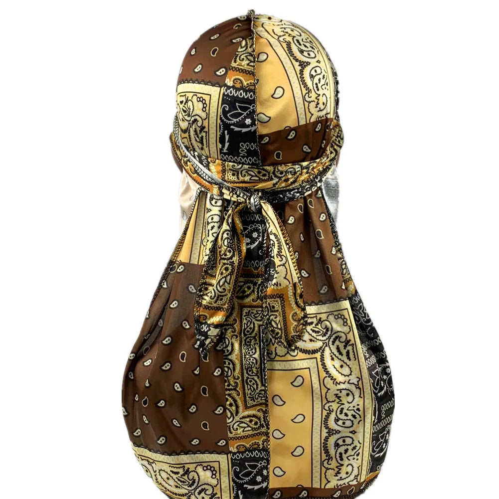 Fashion Men Silk Durags Paisley Design Printing Silky Durags Long Straps Headwear Head Scarf Wave Cap Headwrap Durags