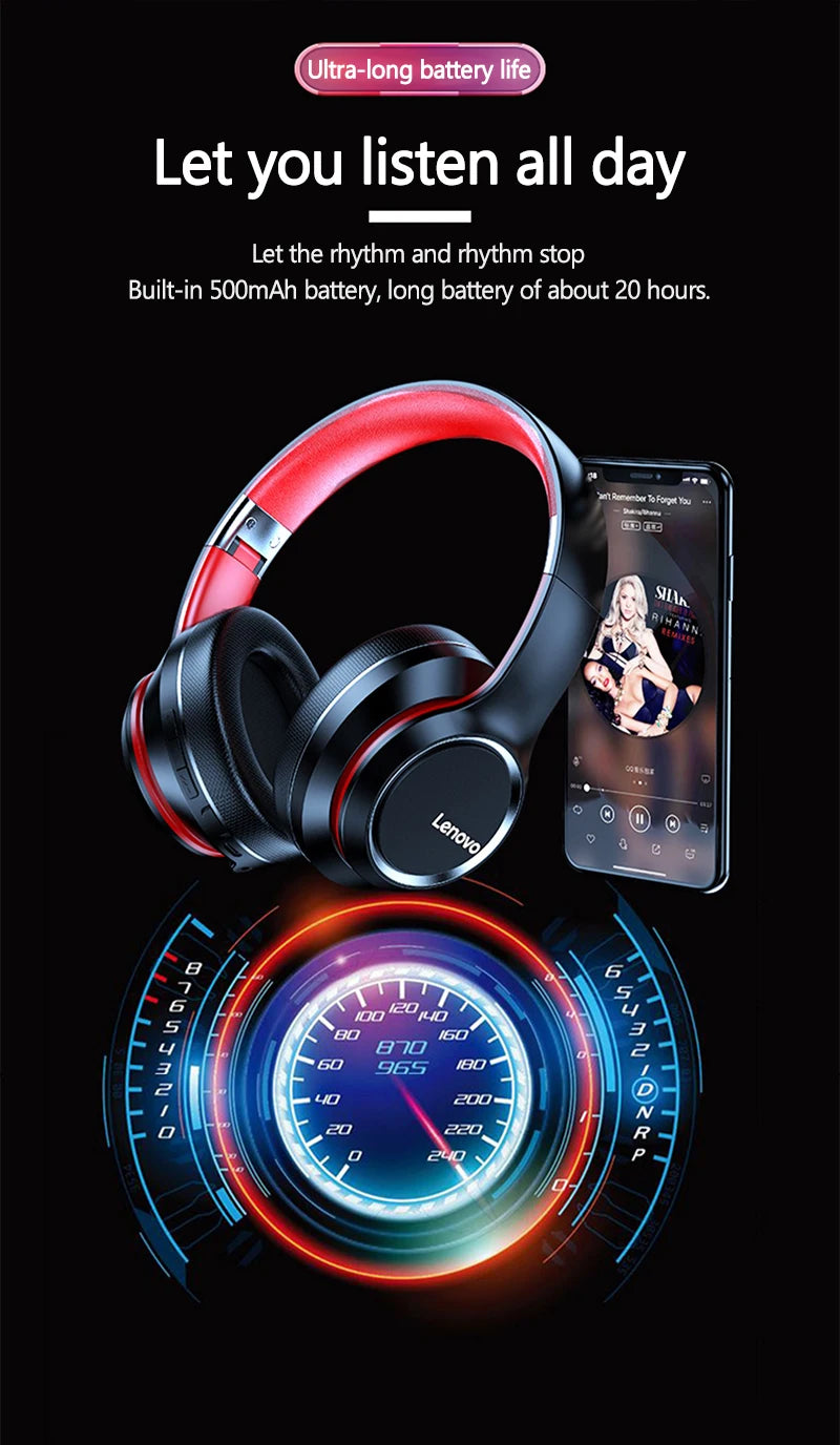 Dual Lenovo HD200 Bluetooth Earphones Over-ear Foldable Computer Wireless Headphones Noise Cancellation HIFI Stereo Gaming Headset