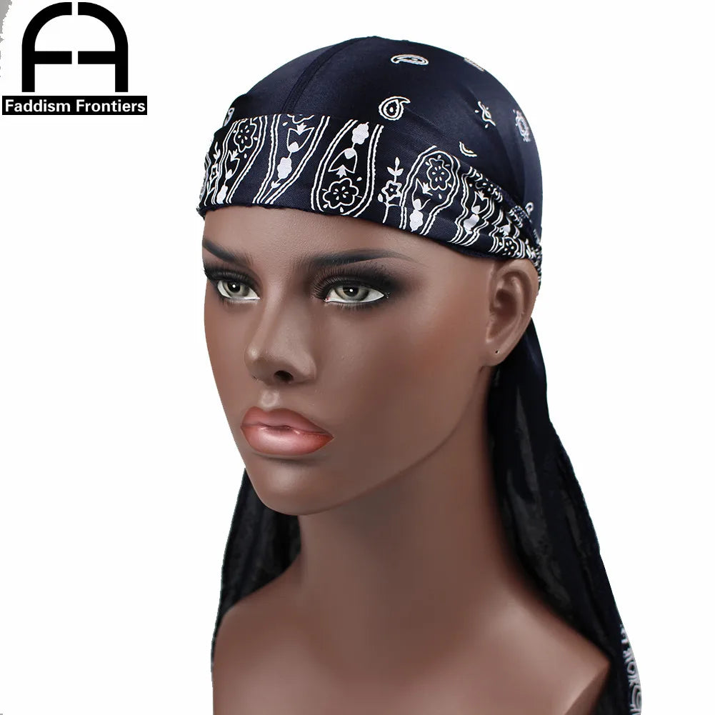Fashion Men Silk Durags Paisley Design Printing Silky Durags Long Straps Headwear Head Scarf Wave Cap Headwrap Durags