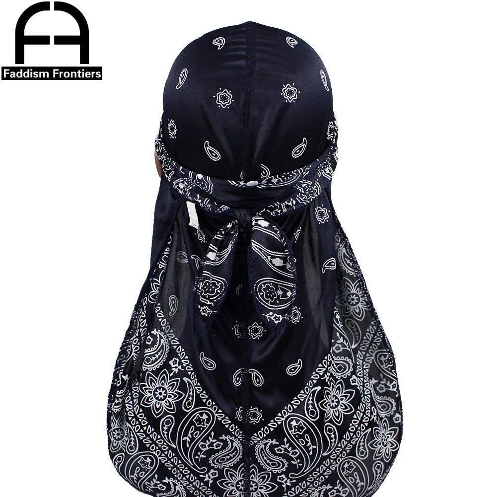 Fashion Men Silk Durags Paisley Design Printing Silky Durags Long Straps Headwear Head Scarf Wave Cap Headwrap Durags