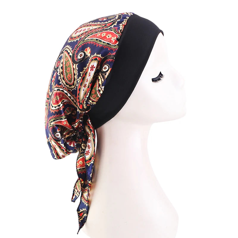 Premium Women Pre-Tied Satin Turban Muslim Inner Hijabs Cancer Chemo Caps Headscarf Hair Loss Headwrap Bandana Elastic Hair Accessories