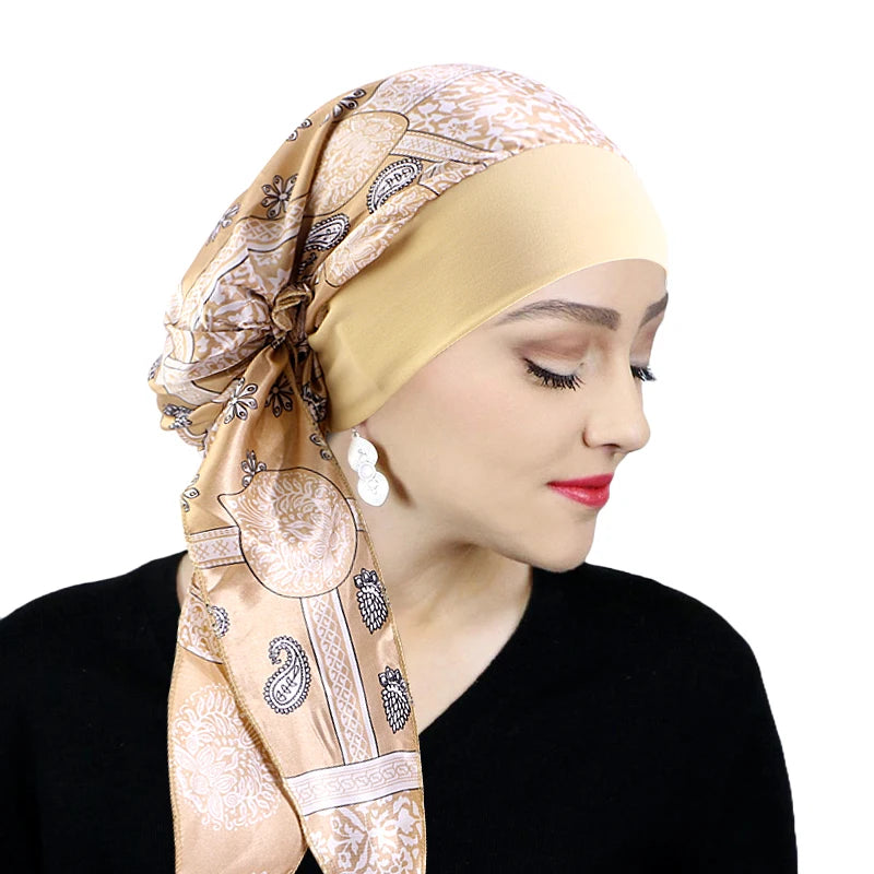 Premium Women Pre-Tied Satin Turban Muslim Inner Hijabs Cancer Chemo Caps Headscarf Hair Loss Headwrap Bandana Elastic Hair Accessories