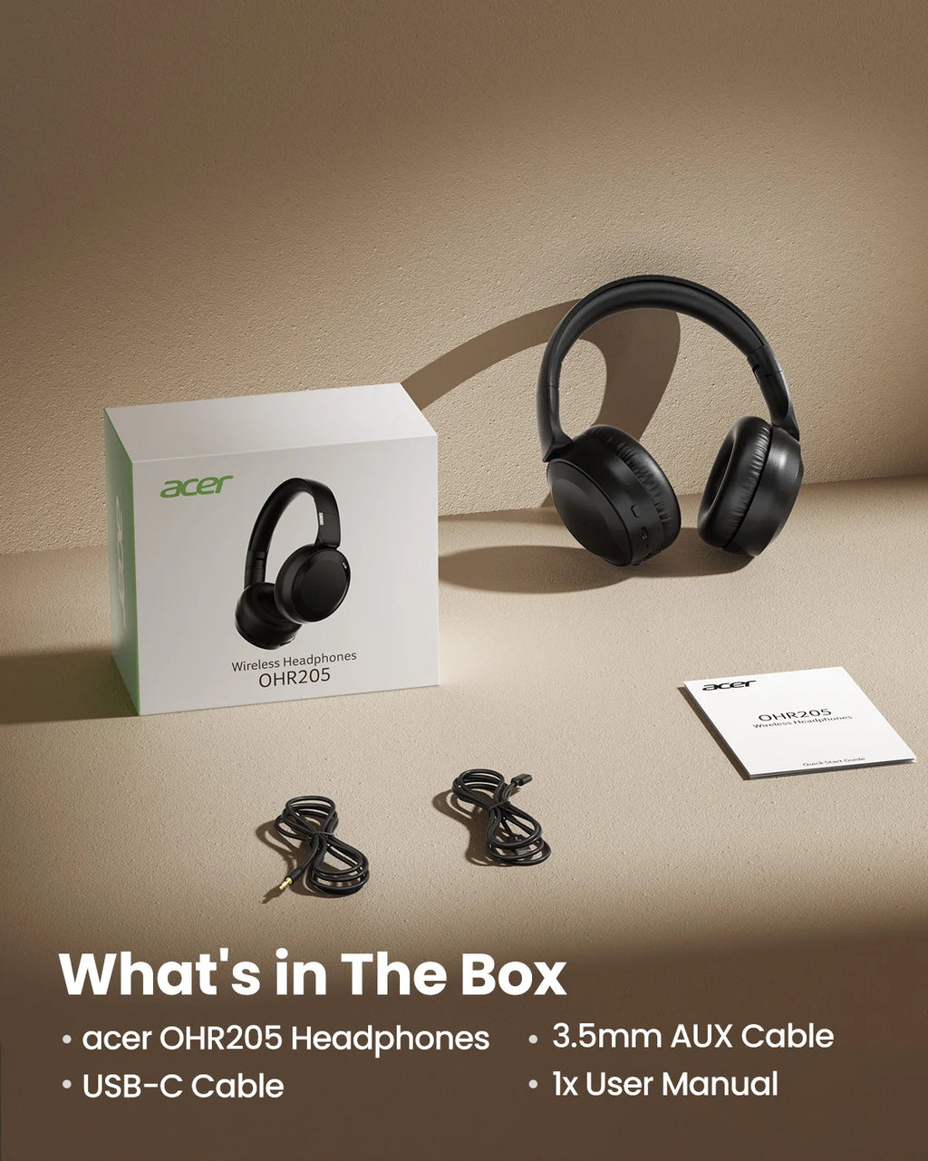 Genuine Acer OHR205 Wireless Bluetooth Headphones Foldable Over-Ear Headphone with 40mm Drivers Multipoint Bluetooth 6.0 for Home,Office