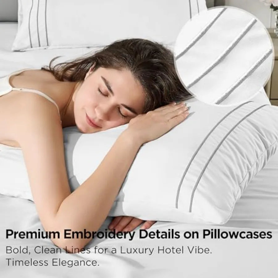 Set with Embroidered Pillowcases Ultra-Soft Size 4 Pcs Sheet Microfiber Comfy Breathable and Cooling Bed Sheets Deep Pocket Fit