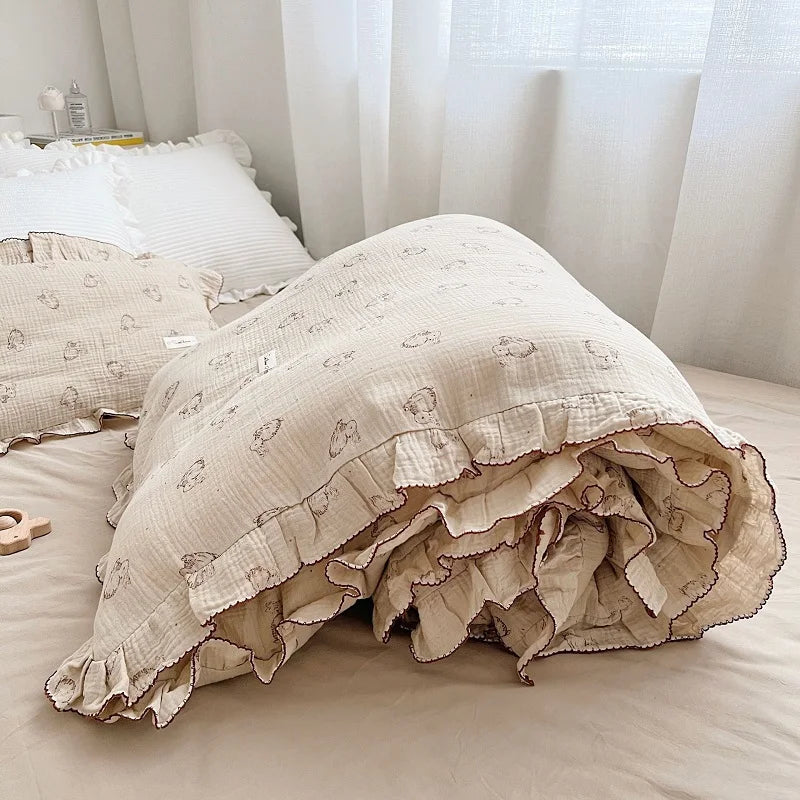 Cozy Princess Ruffle Edge Gauze 100% Cotton Pillow Case Breathable Duvet Cover Without Filler 3PCS Floral Home Bedding Set