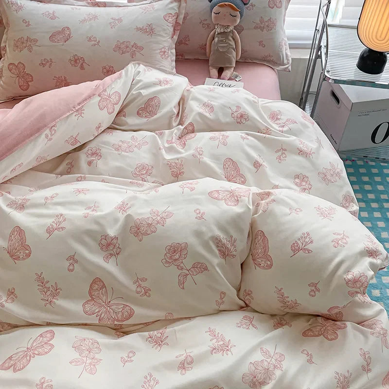 Boys & Girls Cute Rabbit Bedding Set New No Filler Ins Floral Duvet Cover Flat Sheet Pillowcases Twin Queen Size Comforter Cover