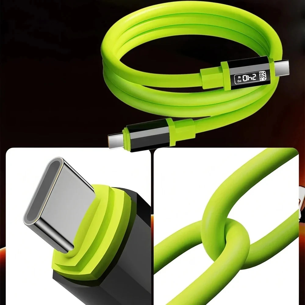 Super Cable Type C. 240W Max Fast Charging Type-C to Type-C Data Cable LED Power Display High-Speed PD Charge & Sync Wire Durable Braided Cord