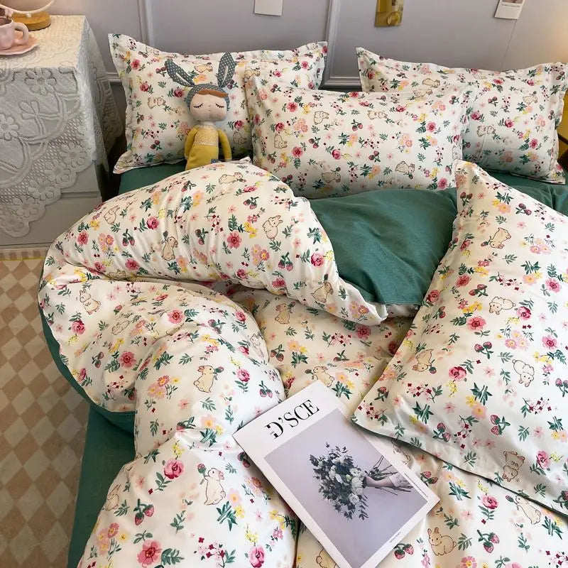 Boys & Girls Cute Rabbit Bedding Set New No Filler Ins Floral Duvet Cover Flat Sheet Pillowcases Twin Queen Size Comforter Cover