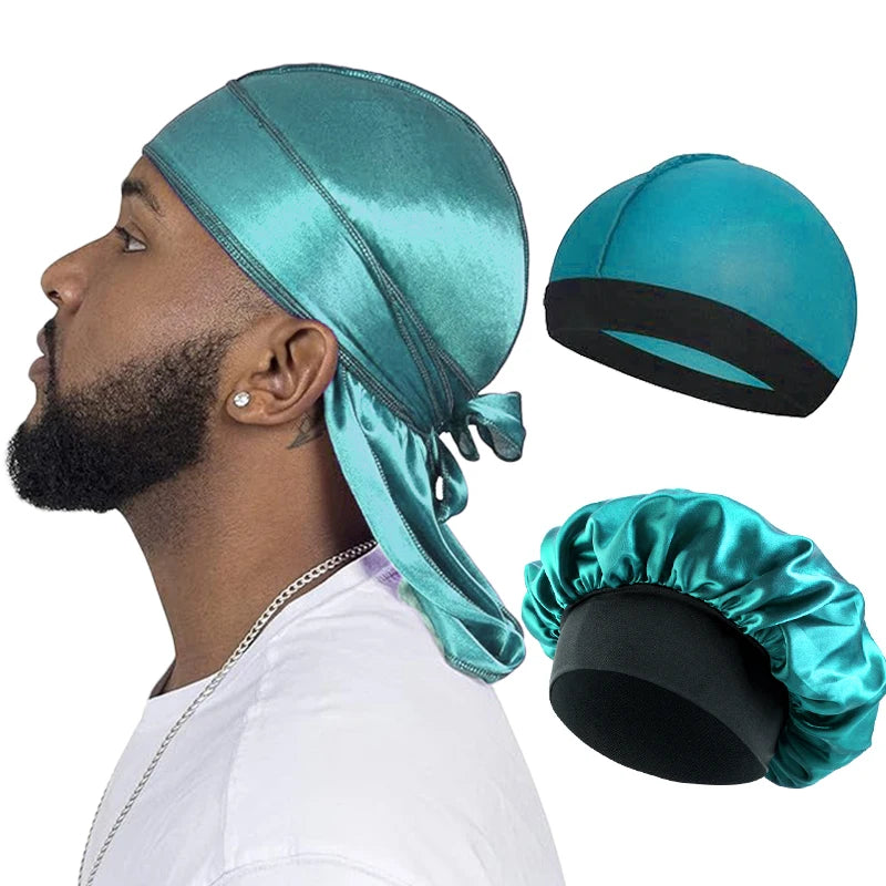 Combo 3PCS/LOT Men Silky Durag Long Tail Pirate Hat Headband Turban Dome Wave Cap Unisex Wig Cap Elastic Band Satin Bonnet