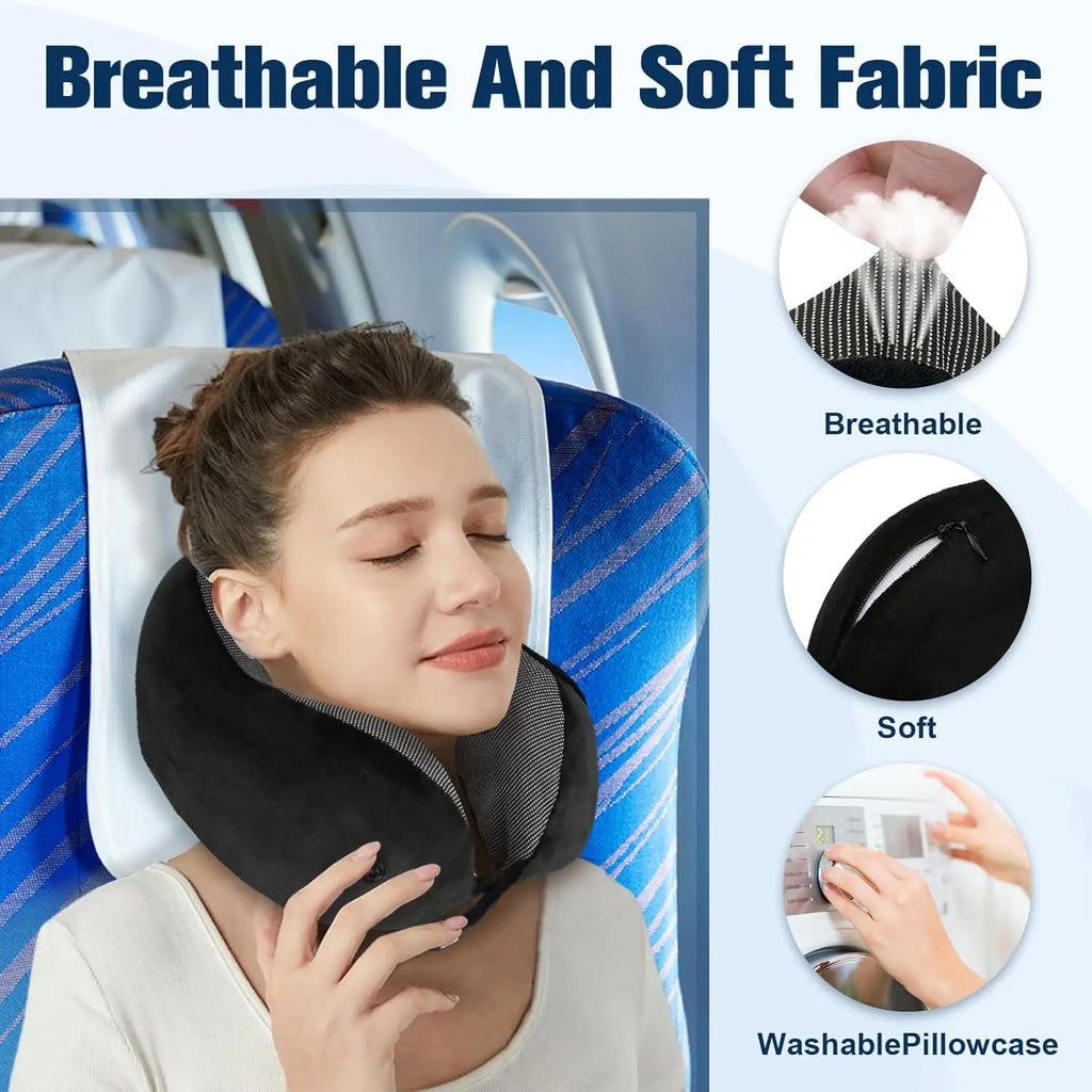 Super Comfortable Memory Foam Travel Neck Pillow with Adjustable Support, Eye Mask & Earplugs for Airplane