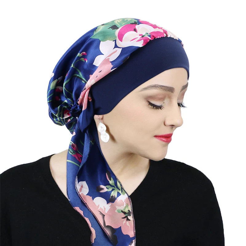 Premium Women Pre-Tied Satin Turban Muslim Inner Hijabs Cancer Chemo Caps Headscarf Hair Loss Headwrap Bandana Elastic Hair Accessories
