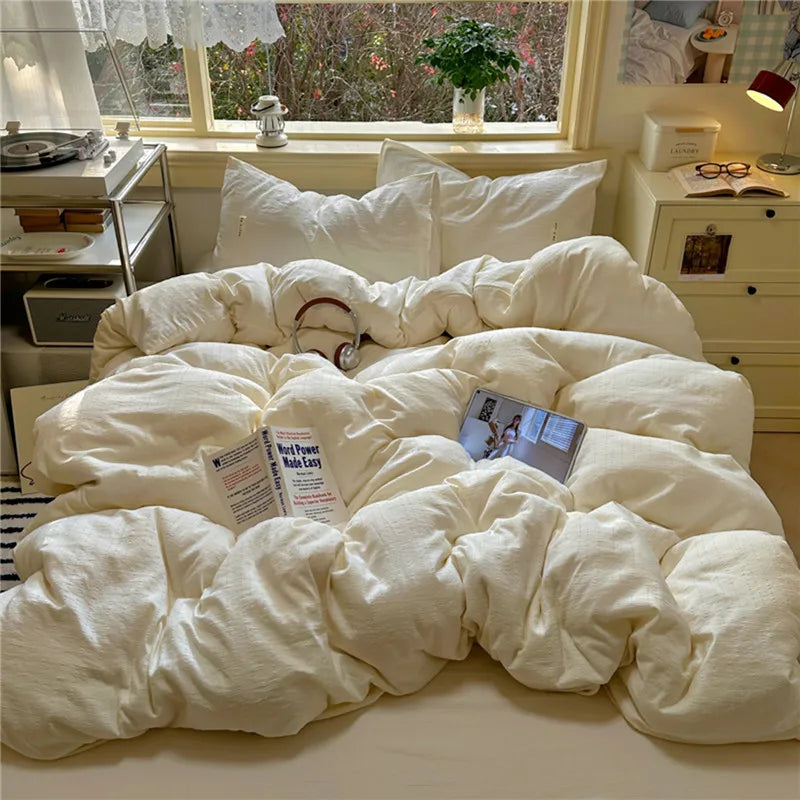 Puffy 3/4Pcs Solid Color Skin-friendly Soft Bedding Set Duvet Cover Bed Sheet Pillowcases