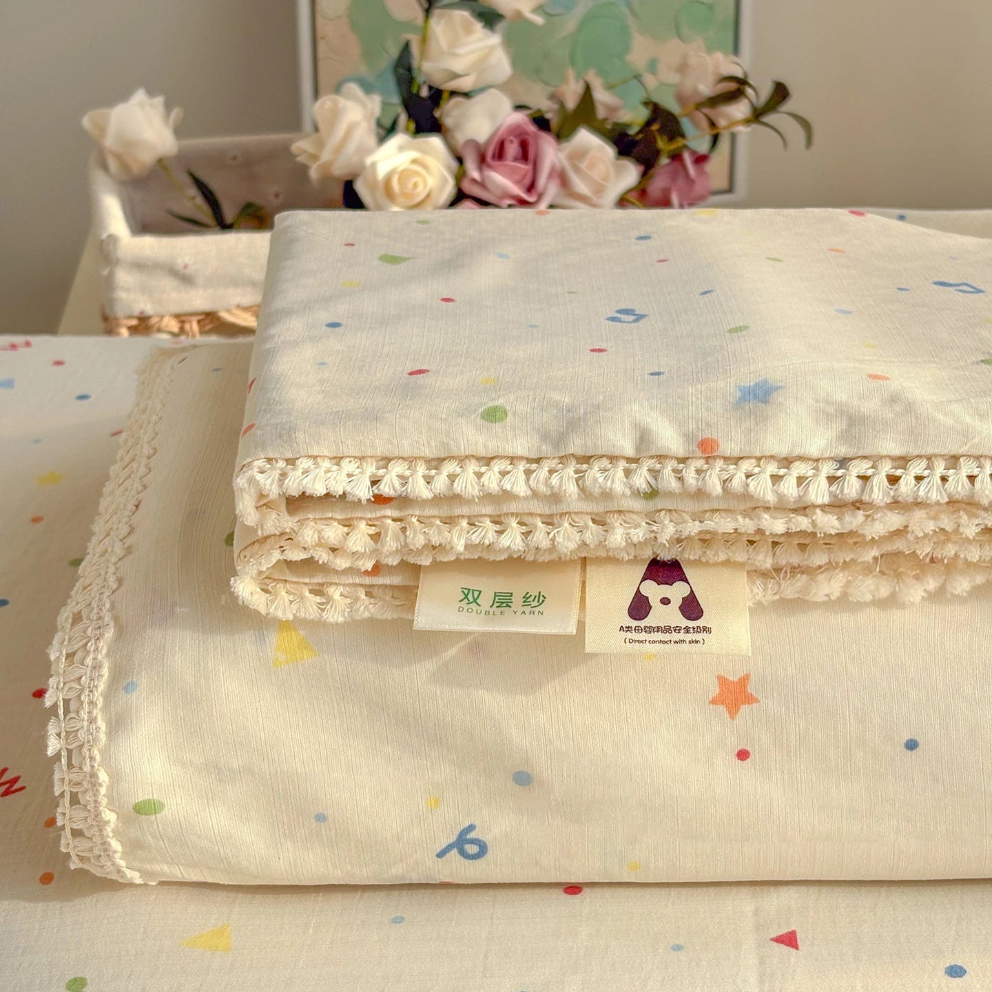 Spring & Summer  Floral Print Double Gauze Bed Sheet with Fringe Lace Trim