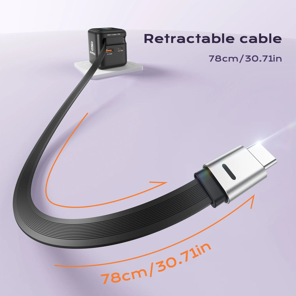 Fast Charging 70W GaN Charger With Retractable Type C Cable 45W PD QC PPS Travel Charger for iPhone 16 Laptop Macbook Tablet Samsung