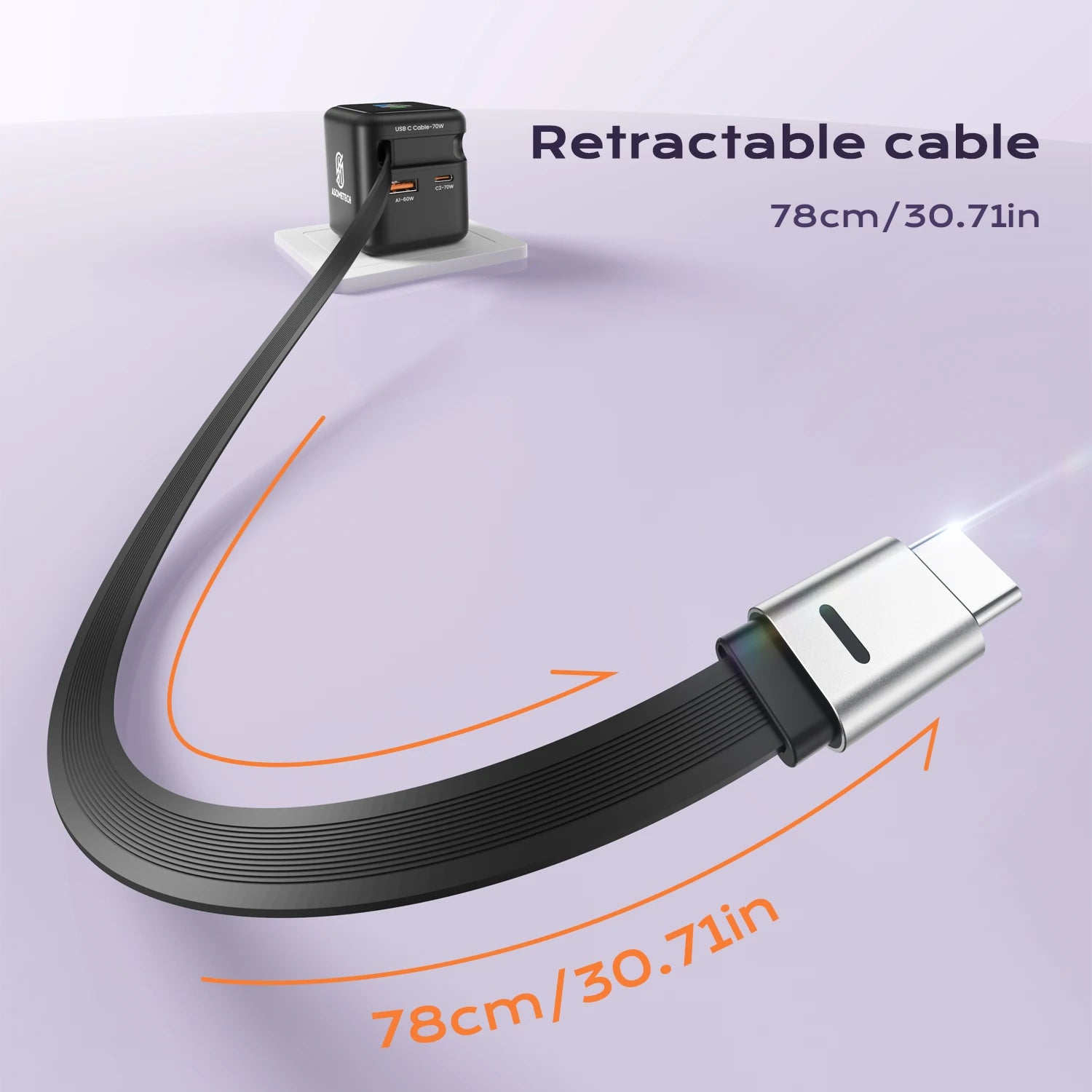 Fast Charging 70W GaN Charger With Retractable Type C Cable 45W PD QC PPS Travel Charger for iPhone 16 Laptop Macbook Tablet Samsung