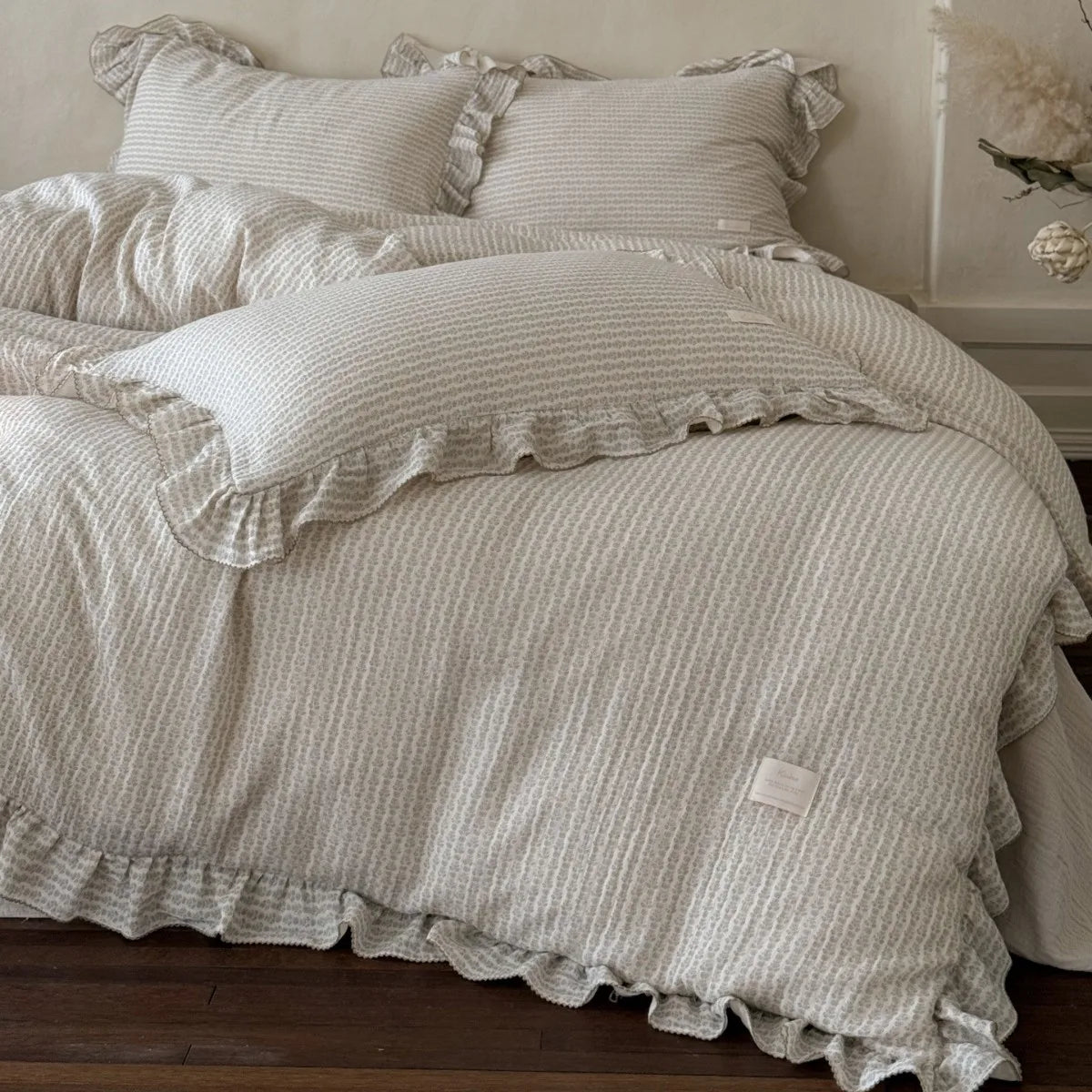 Cozy Princess Ruffle Edge Gauze 100% Cotton Pillow Case Breathable Duvet Cover Without Filler 3PCS Floral Home Bedding Set