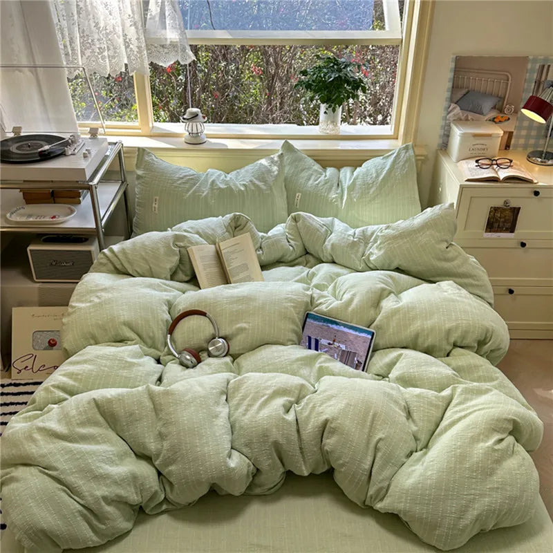 Puffy 3/4Pcs Solid Color Skin-friendly Soft Bedding Set Duvet Cover Bed Sheet Pillowcases