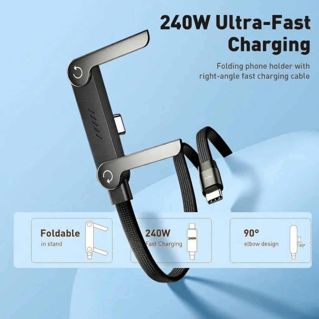Multifunction Cable 2-in-1 Foldable Phone Holder with 1.5M 240W Super Fast Charging Braided Type-C Cable, Multi-Angle Adjustable Charging Stand, Universal Charger Cord Compatible with iPhone, Gaming Phones and More Smart Devi