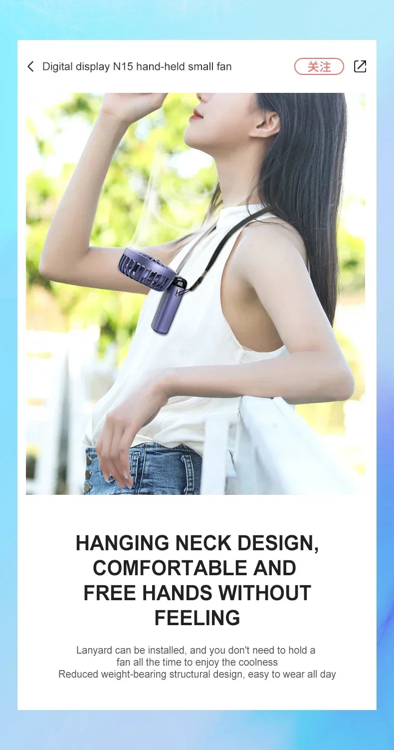 Super Handy Mini Fan Foldable Neck Hanging Fans 5 Speed USB Rechargeable Fan with Phone Stand and Display Screen 1800mAh