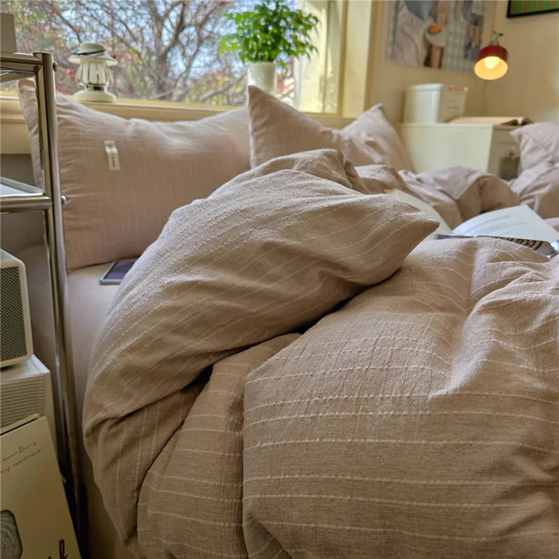 Puffy 3/4Pcs Solid Color Skin-friendly Soft Bedding Set Duvet Cover Bed Sheet Pillowcases