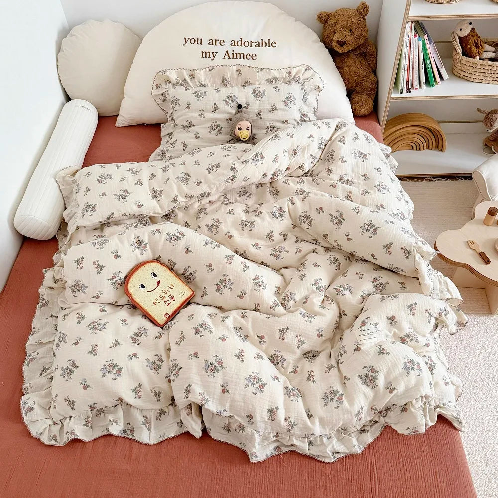 Cozy Princess Ruffle Edge Gauze 100% Cotton Pillow Case Breathable Duvet Cover Without Filler 3PCS Floral Home Bedding Set