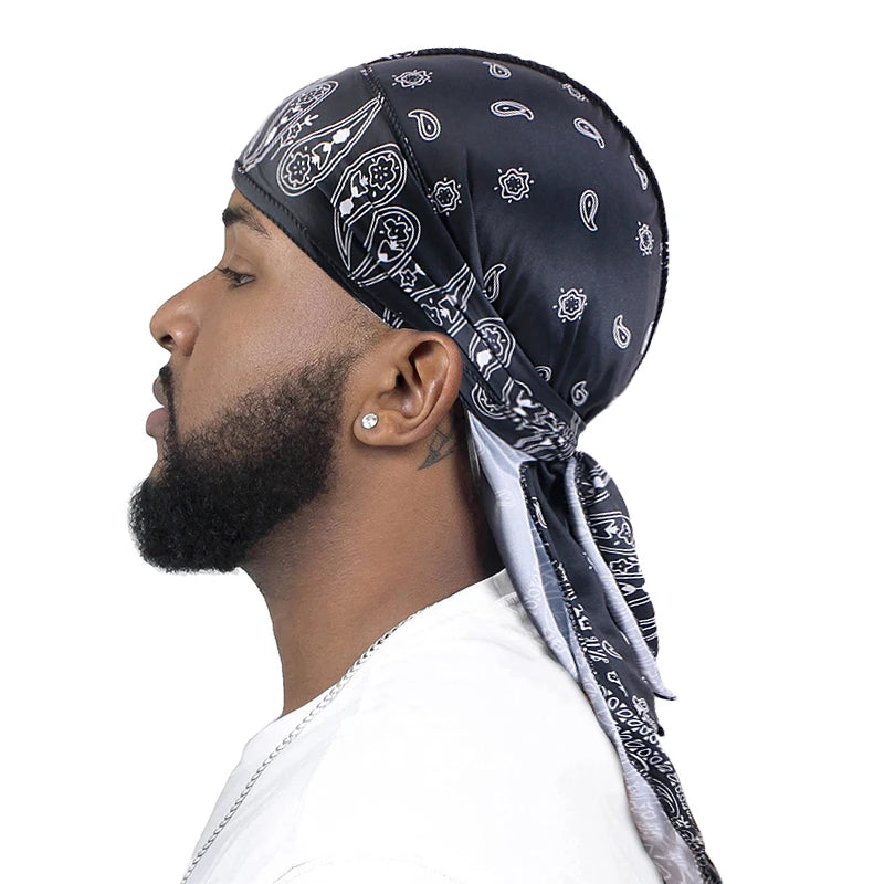 Premium Men Satin Paisley Printed Durag Turban Bandanas Headwear Silky DuRag Doo Rag Long Tail Pirate Hat Wave Caps Hair Accessories