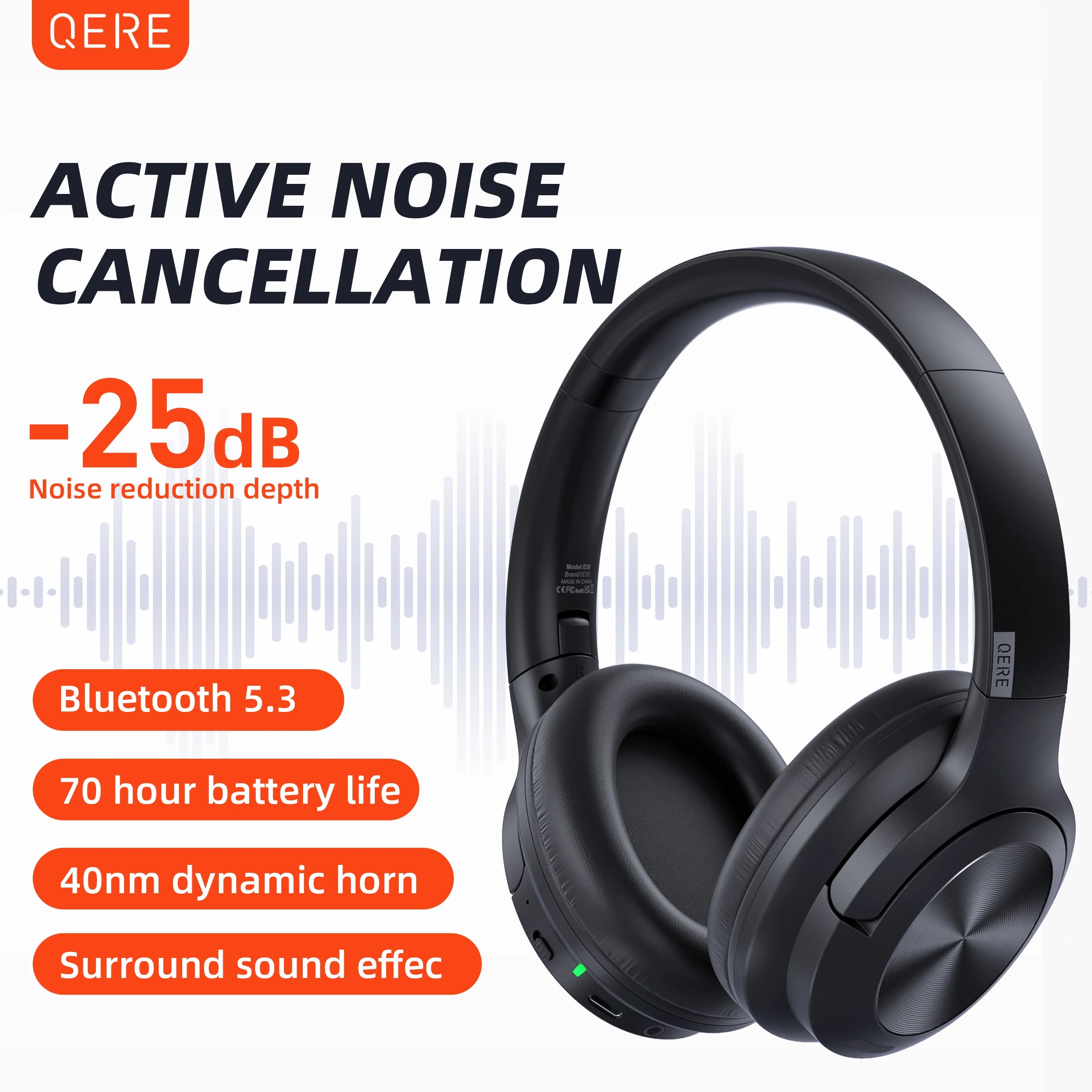 Active Noise Cancellation HiFi Wireless headphones QERE E80 Earphone bluetooth 5.3 ANCHi-Res Audio Over the Ear Headset 70H 40mm Driver2.4G