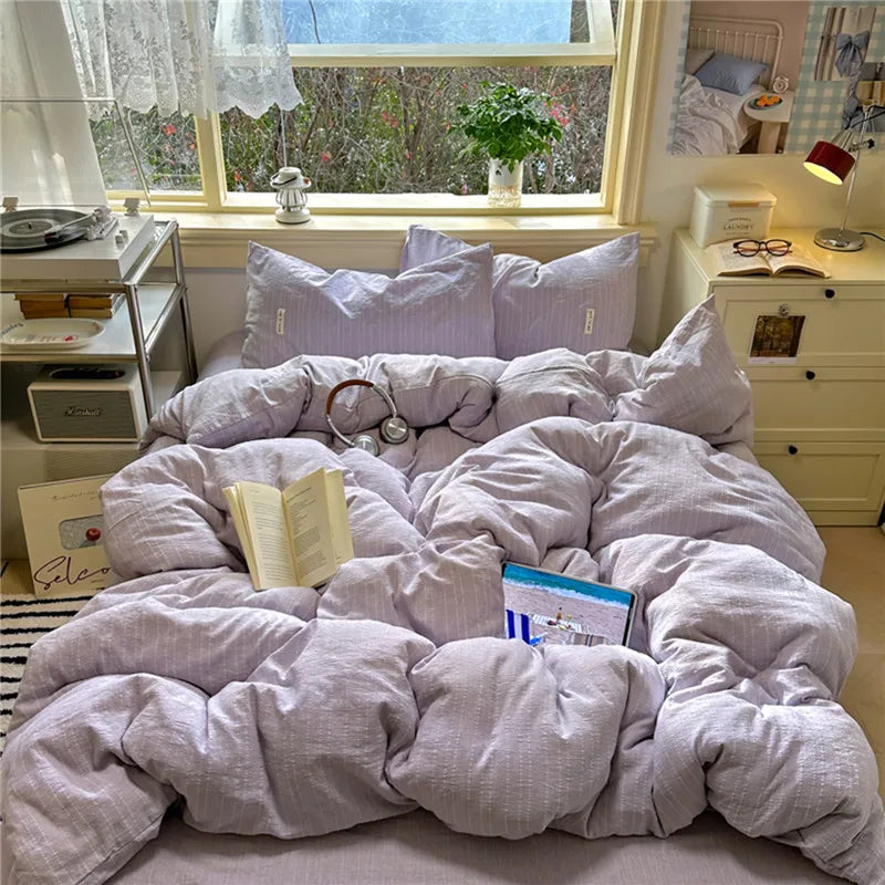 Puffy 3/4Pcs Solid Color Skin-friendly Soft Bedding Set Duvet Cover Bed Sheet Pillowcases
